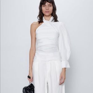 NWT Zara Asymmetric White Linen Blouse Top with Side Zipper